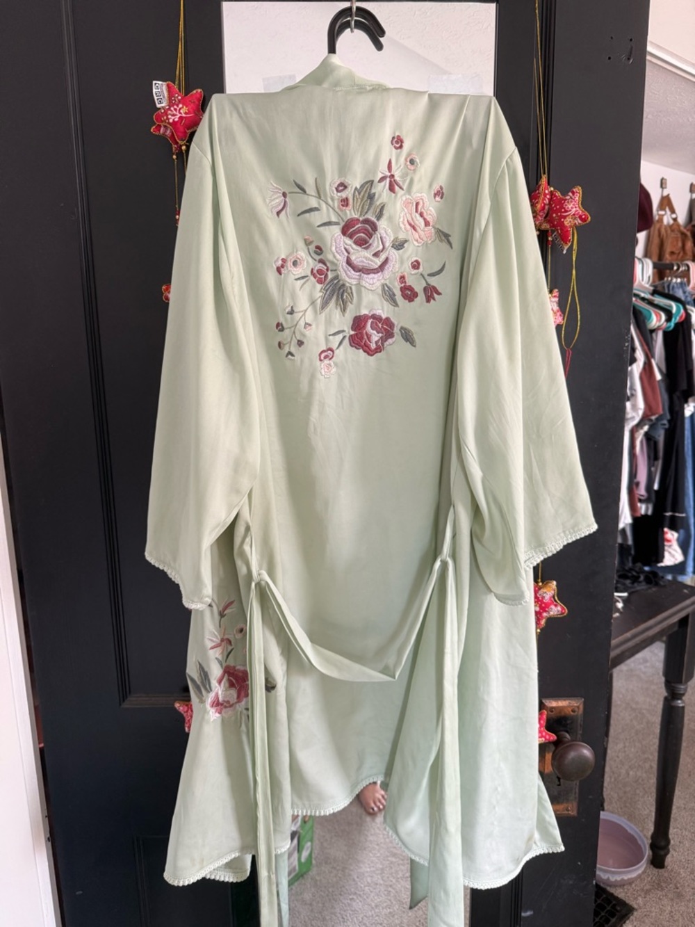 Light Green Embroidered Floral Kimono